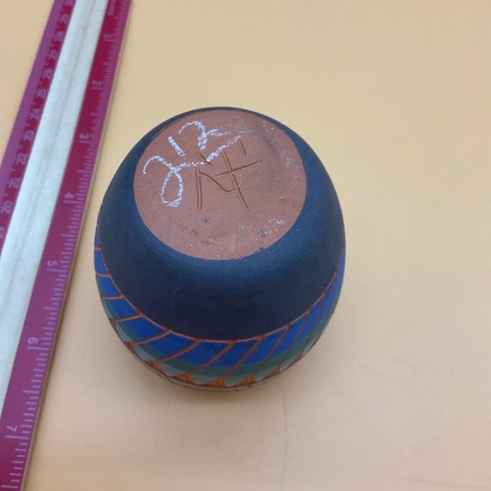 Indian Hand Etched Painted Clay Pottery Vase 3.25